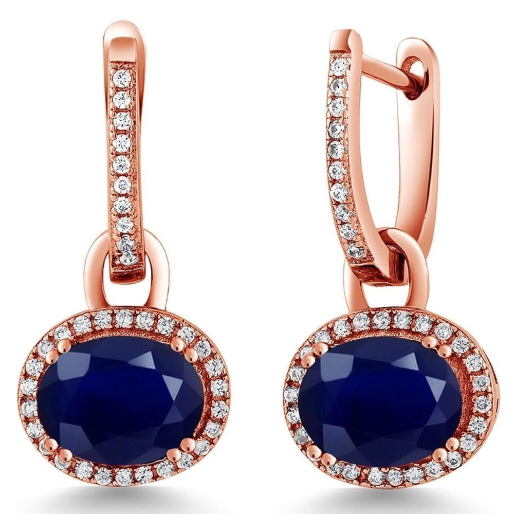 18K Rose Gold 925 with 5.84 Cttw Navy Blue Sapphire Oval Dangling Drop Earrings